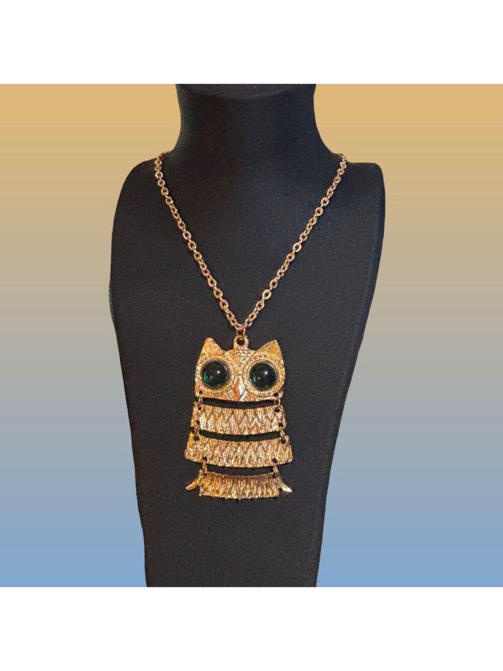 Gold Tone Green Eye Owl Pendant Necklace Long Chain Boho Hippie 1970s Statement